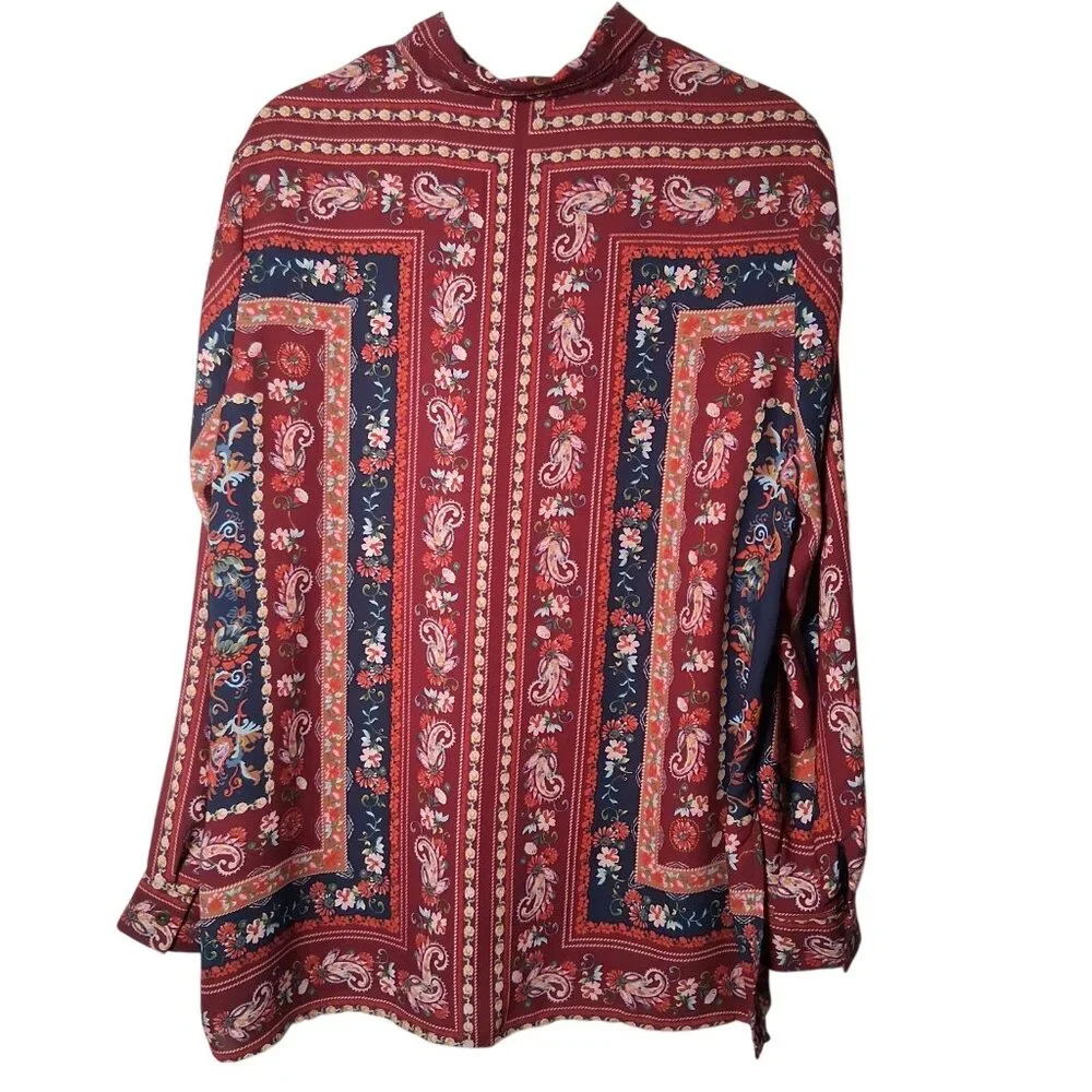 Dressbarn Blouse XL Maroon Blue Paisley Floral Tapestry Semi Sheer Long Sleeve - Picture 2 of 16